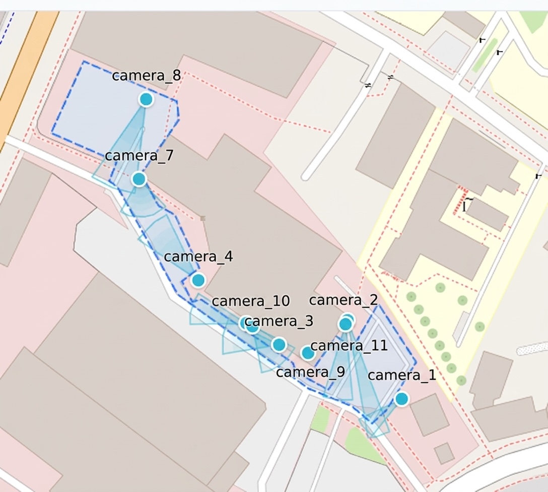 Map of a city block with several ANPR cameras, each covering its own detection zone across street-side parking and an irregular parking lot