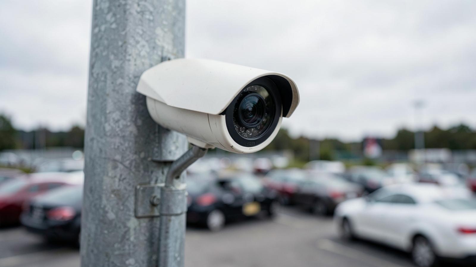 Weatherproof IP camera mounted on a pole above a parking lot