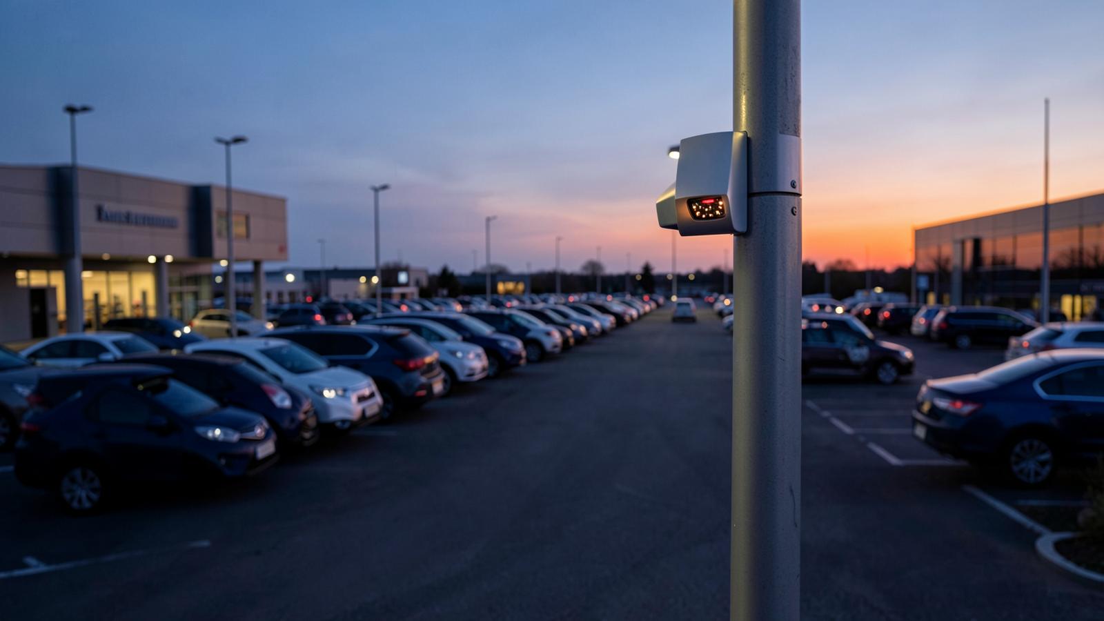 ANPR camera on a pole watching the entrance of a parking lot at dusk