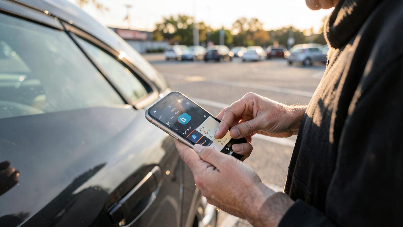 Driver paying for parking on a smartphone beside their car